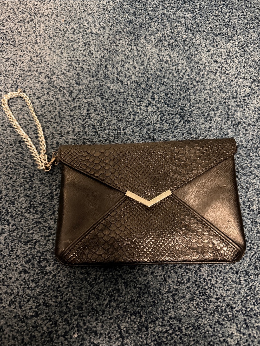 Express Black Textured Envelope Clutch with silver V Accent